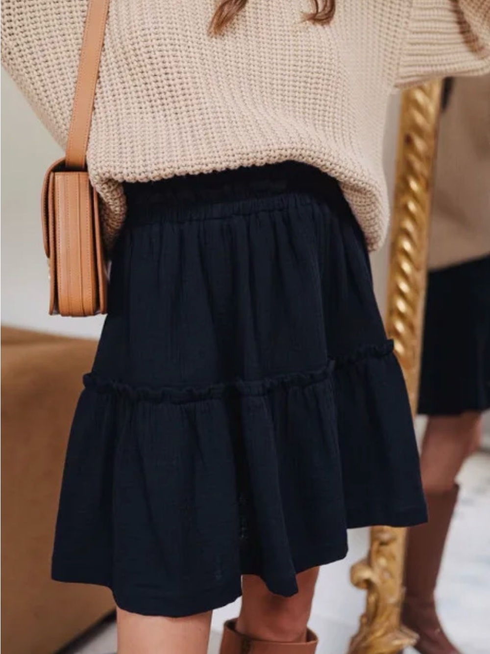 SAAJ Paris Black Tiered Mini Skirt with Elastic Waist